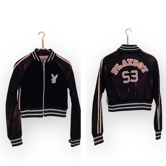 Y2K Playboy 100% Genuine Leather Pink Black Perforated Moto Zip Jacket M - Picture 1 of 7